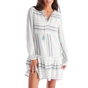 Allison New York Dress Womens Small Blue White Striped Boho Tassel Mini Lined